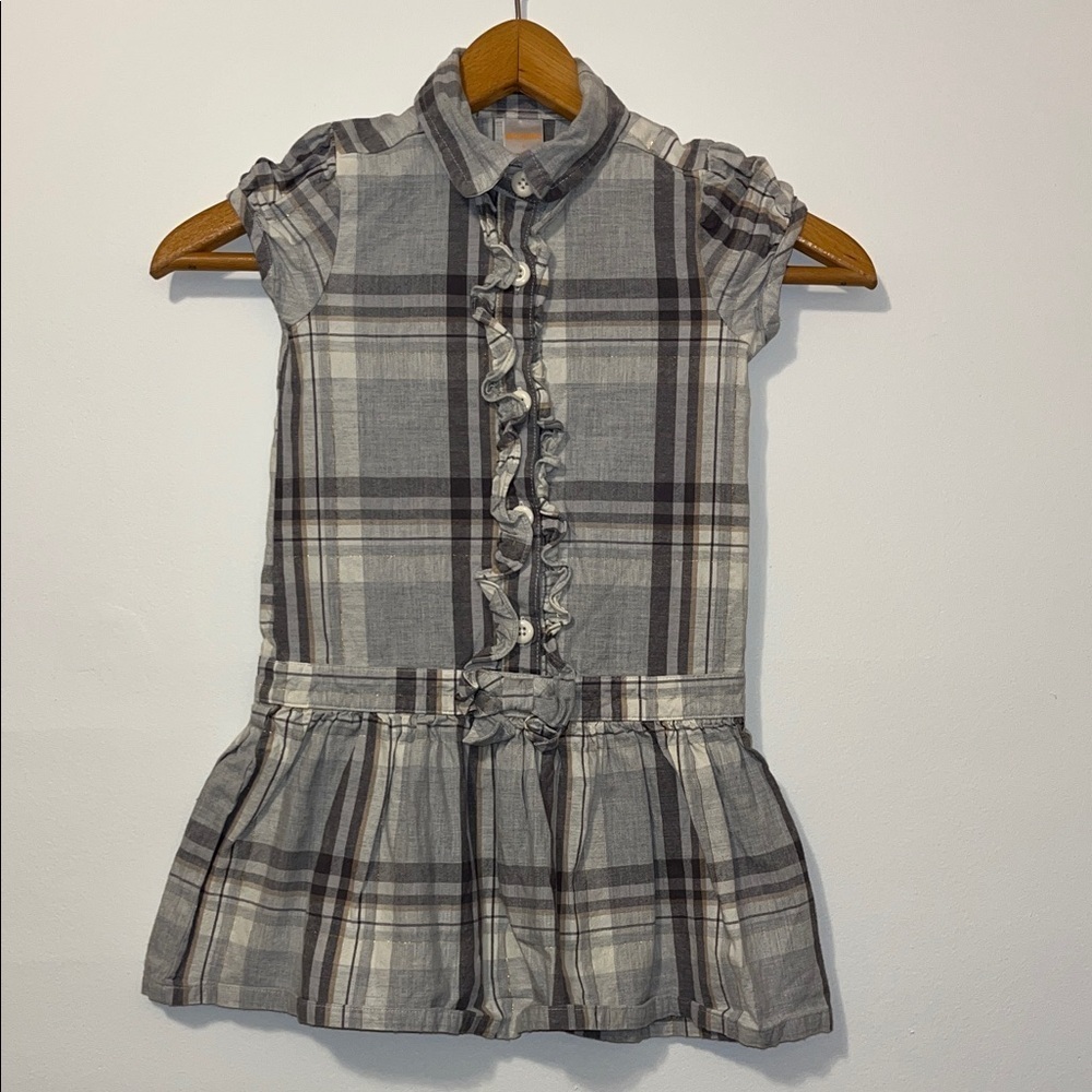 GYMBOREE Girls 5 Plaid Ruffle Dress Drop Waist Puff Sleeves Cotton Holiday Gold